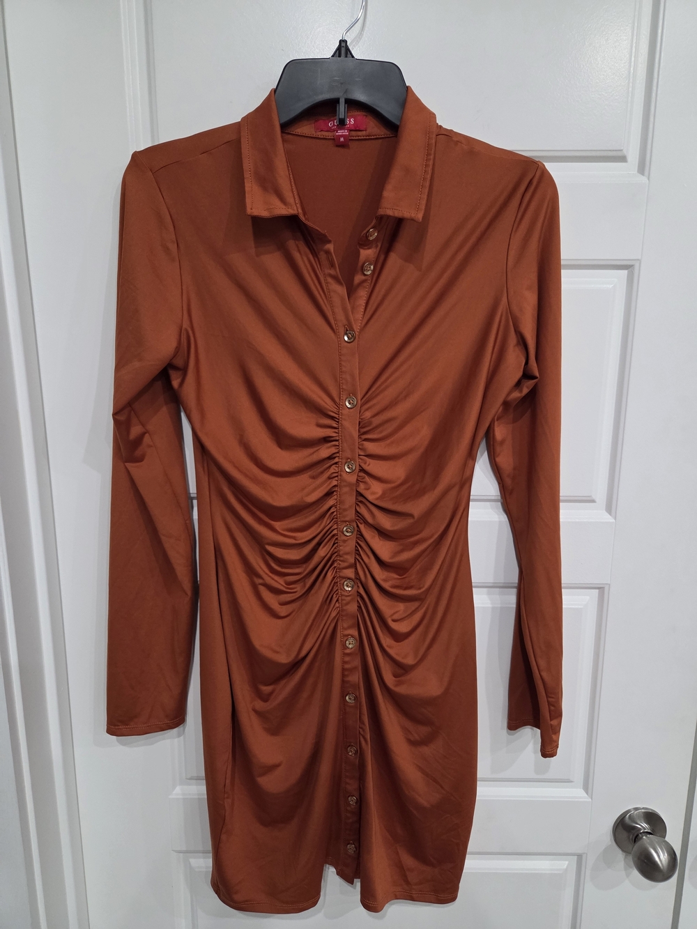 Guess Rust Orange Ruched Button-Front Mini Dress Size Medium - Picture 3 of 8